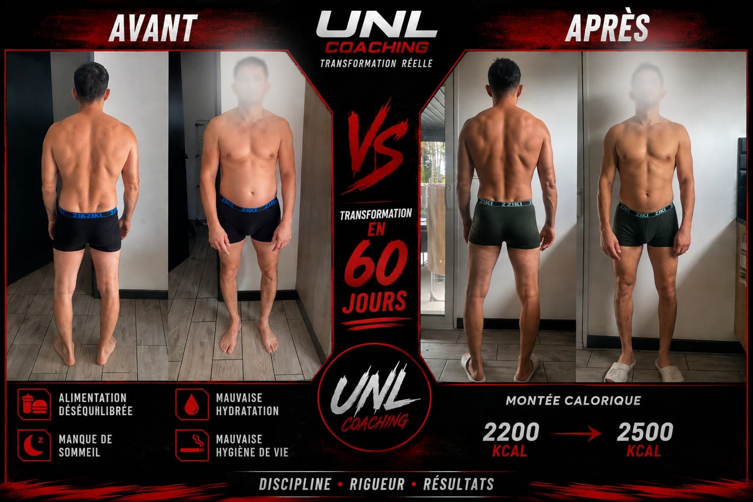 Transformation en 60 jours, montée calorique 2200 à 2500 kcal